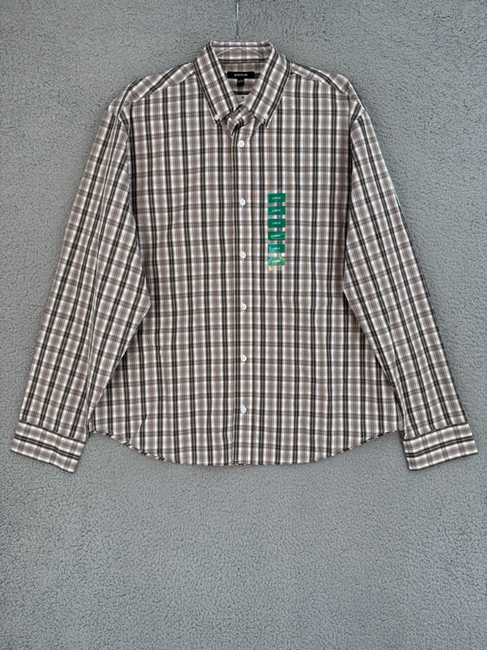 Haggar button down shirt Men’s Large Brown & White Plaid long sleeve Stretch